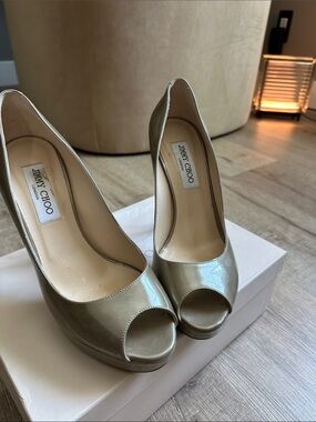 Jimmy Choo Metallic Gold Peep-Toe Platform Heels